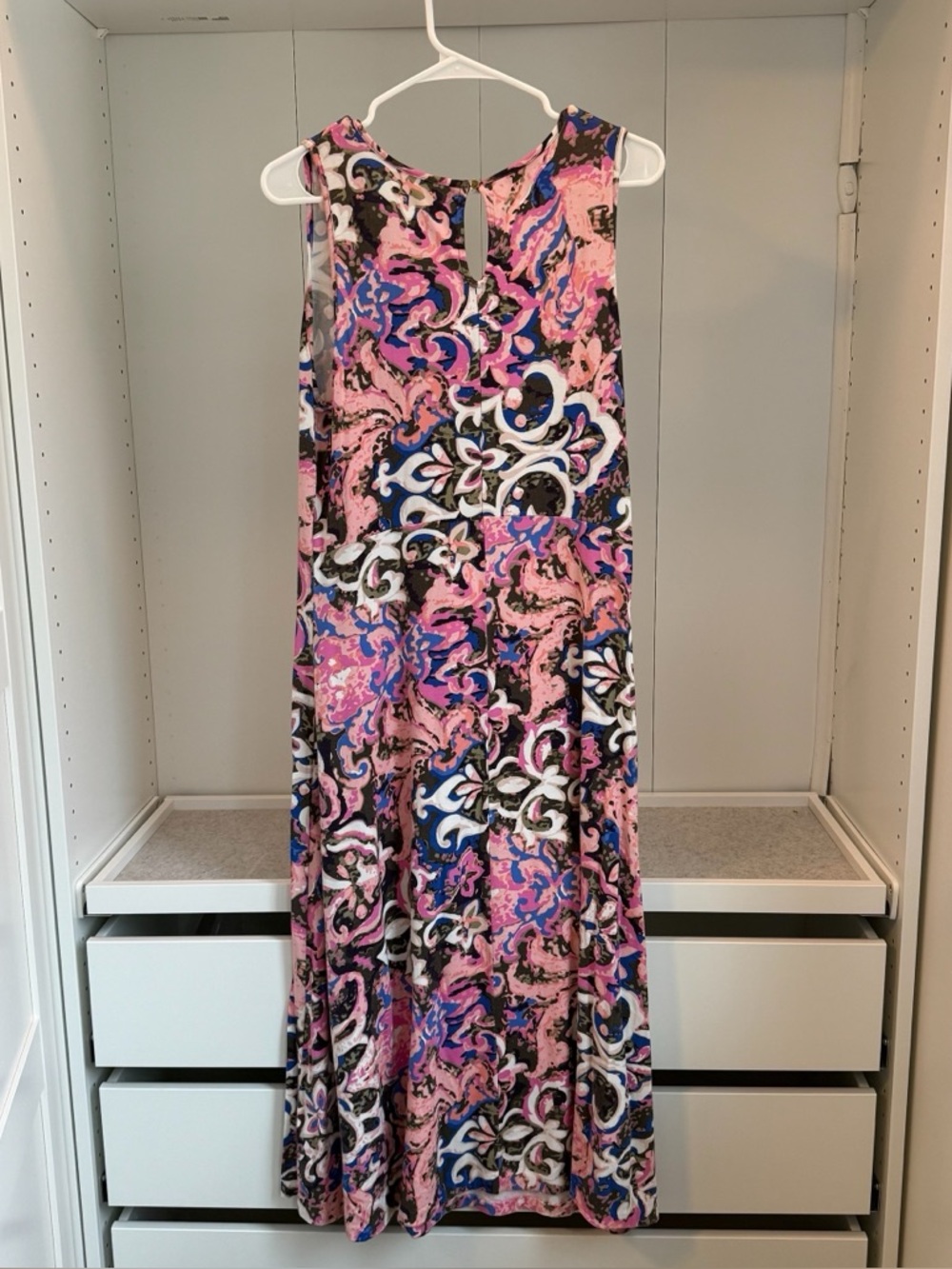 Talbots Casual Summer Scroll Print Maxi Dress Large Pink Blue Jersey A-Line - Picture 2 of 8